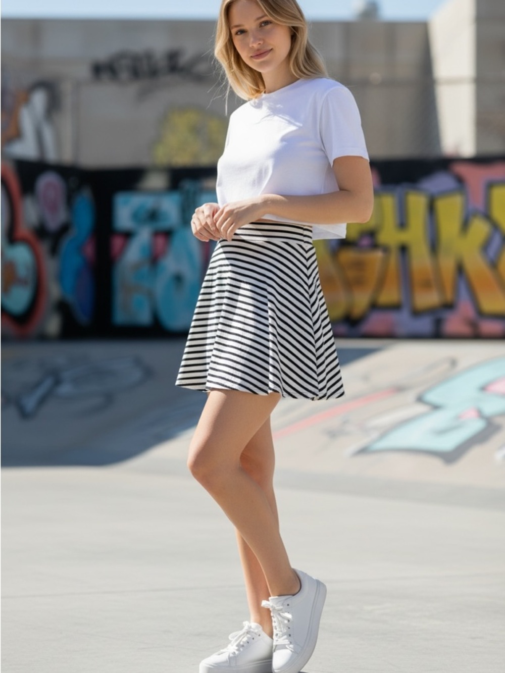 American Eagle Black and Cream Skater Mini Skirt -